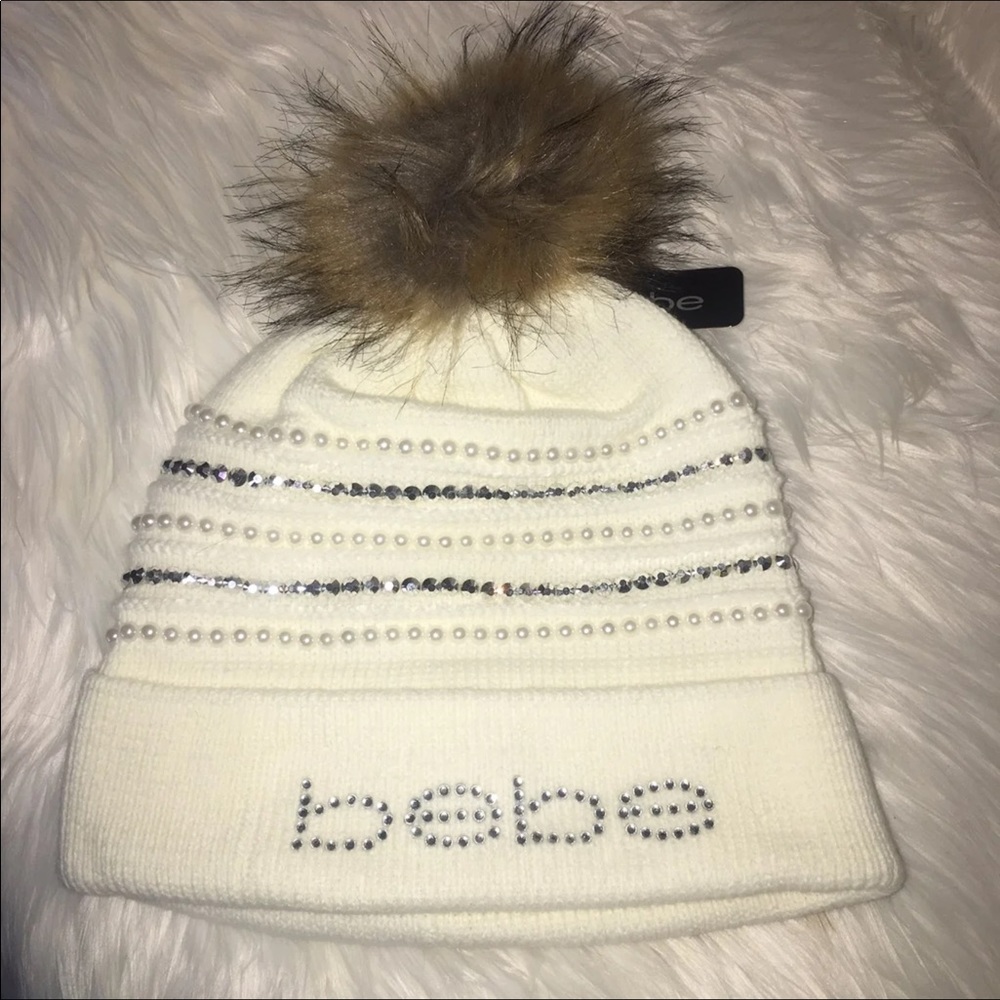 Bebe beanie winter knit hat rhinestone pom white - Picture 2 of 8